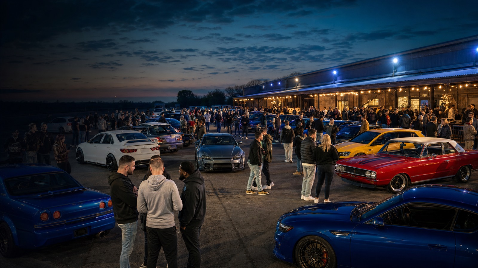 Performance cars gathered at a car club meet
